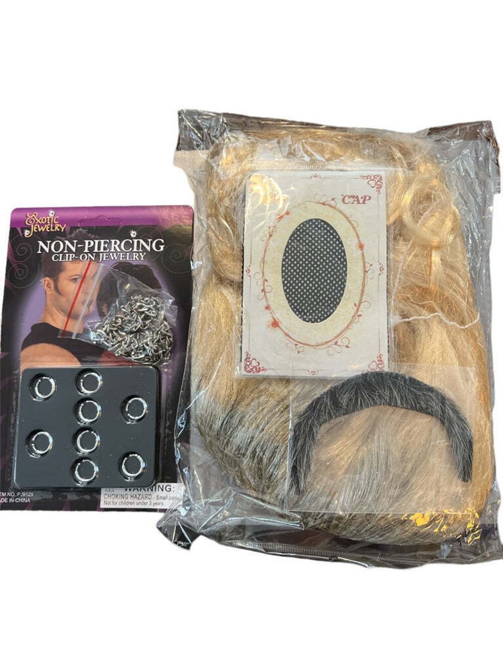 Halloween Costume Accessories Lot Wig, Mustache Rings Non-Pierced Necklace